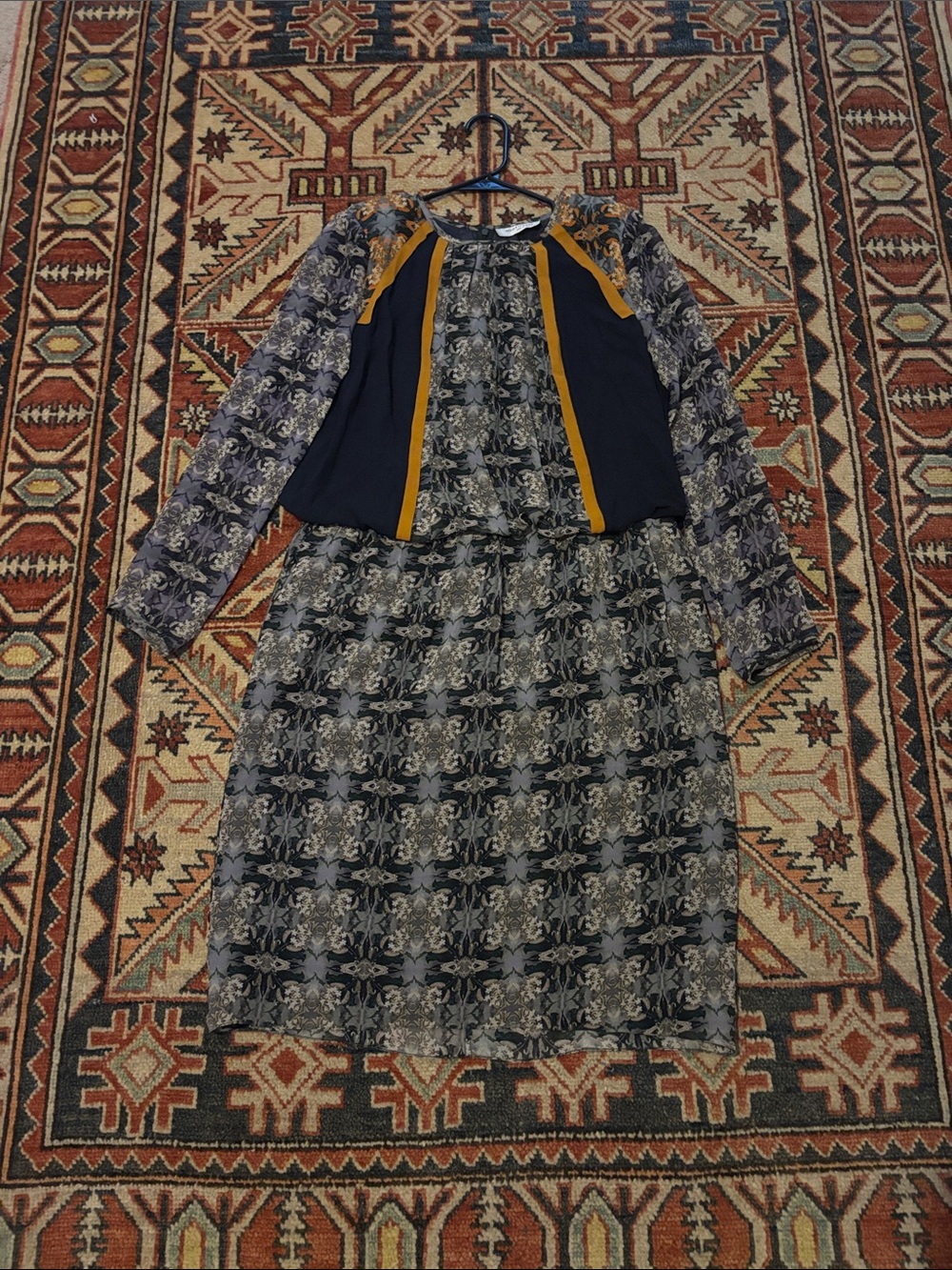 MEGAN PARK Silk Chiffon Midi Dress Abstract Paisley Print Navy & Mustard Size 2